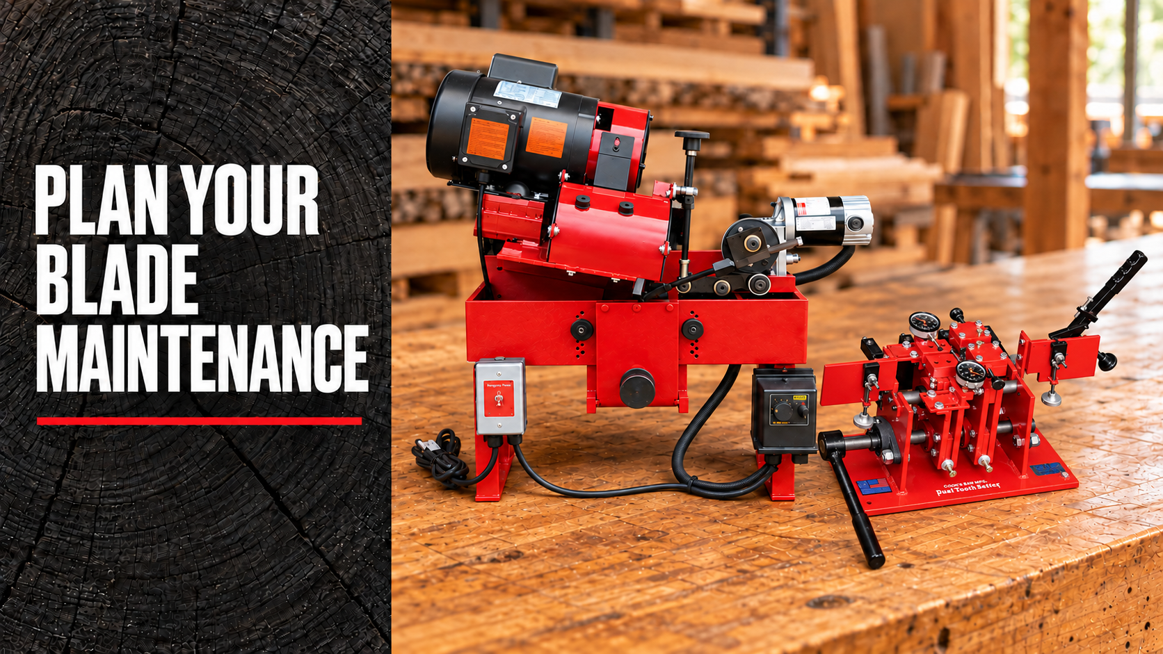 Coiled bandsaw blades on a wooden workbench beside a blade maintenance headline.