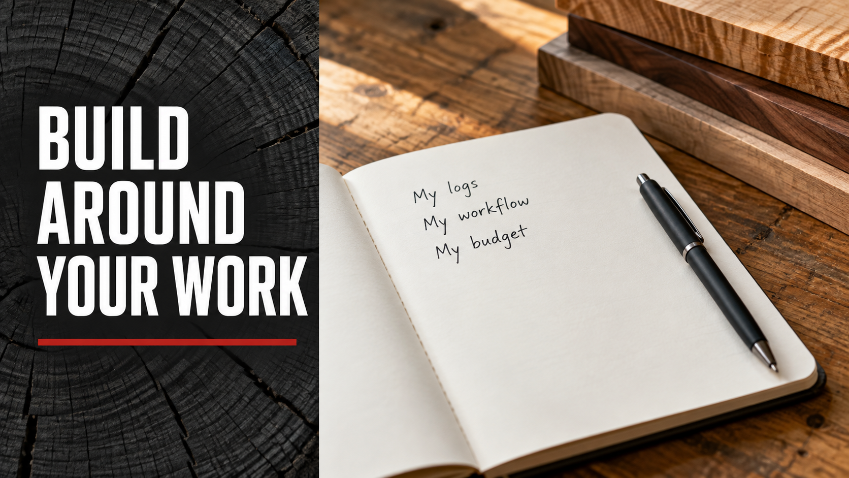 Notebook with sawmill planning notes for logs, workflow, and budget.