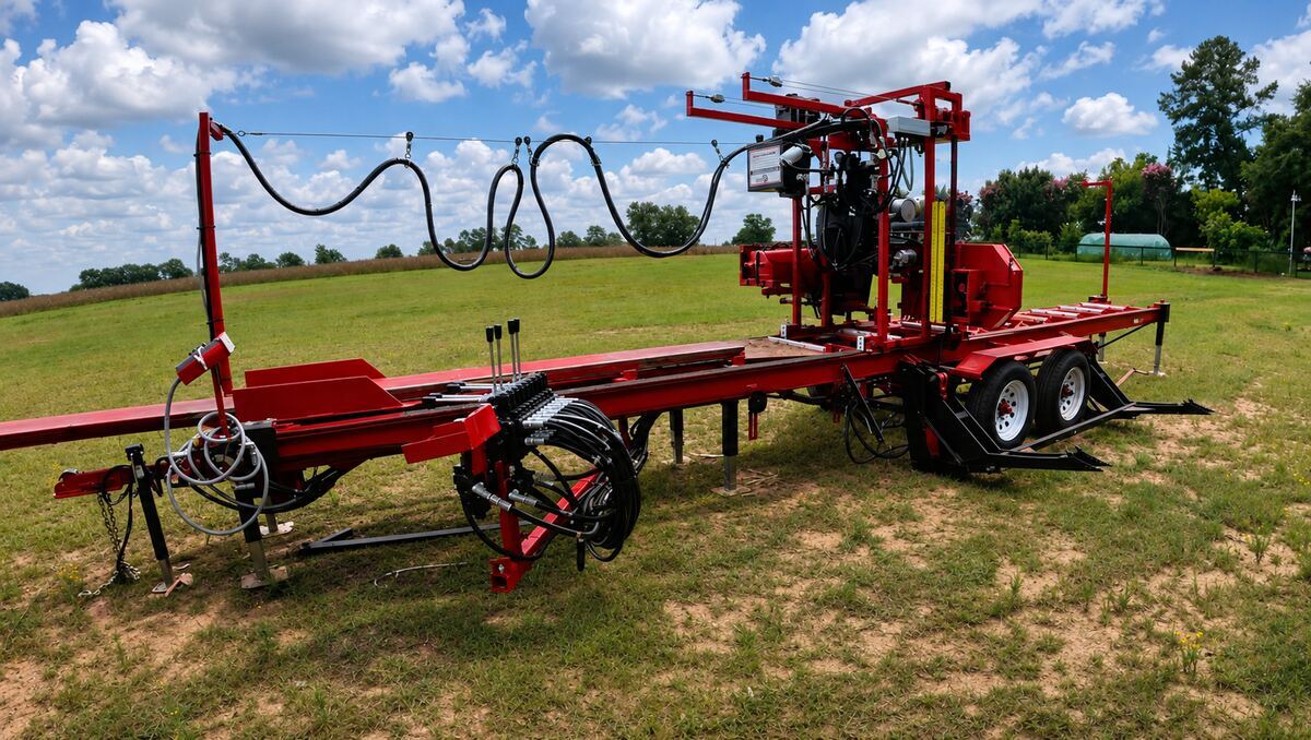 Cook&rsquo;s HD3238 fully hydraulic portable sawmill equipped with a dual-axle trailer package.