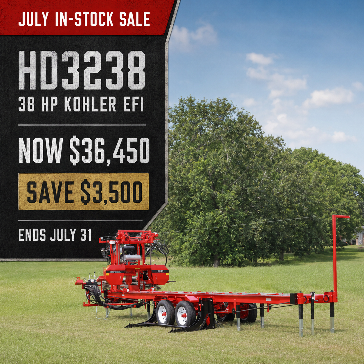 Save $5,000 on this in-stock AC-36 portable hydraulic sawmill with a 49 HP Yanmar diesel engine. Now $59,450 through July 31, 2026.